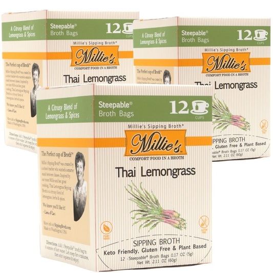Millie's Thai Lemongrass Sipping Broth -3 Box Value Pack- 36 Servings